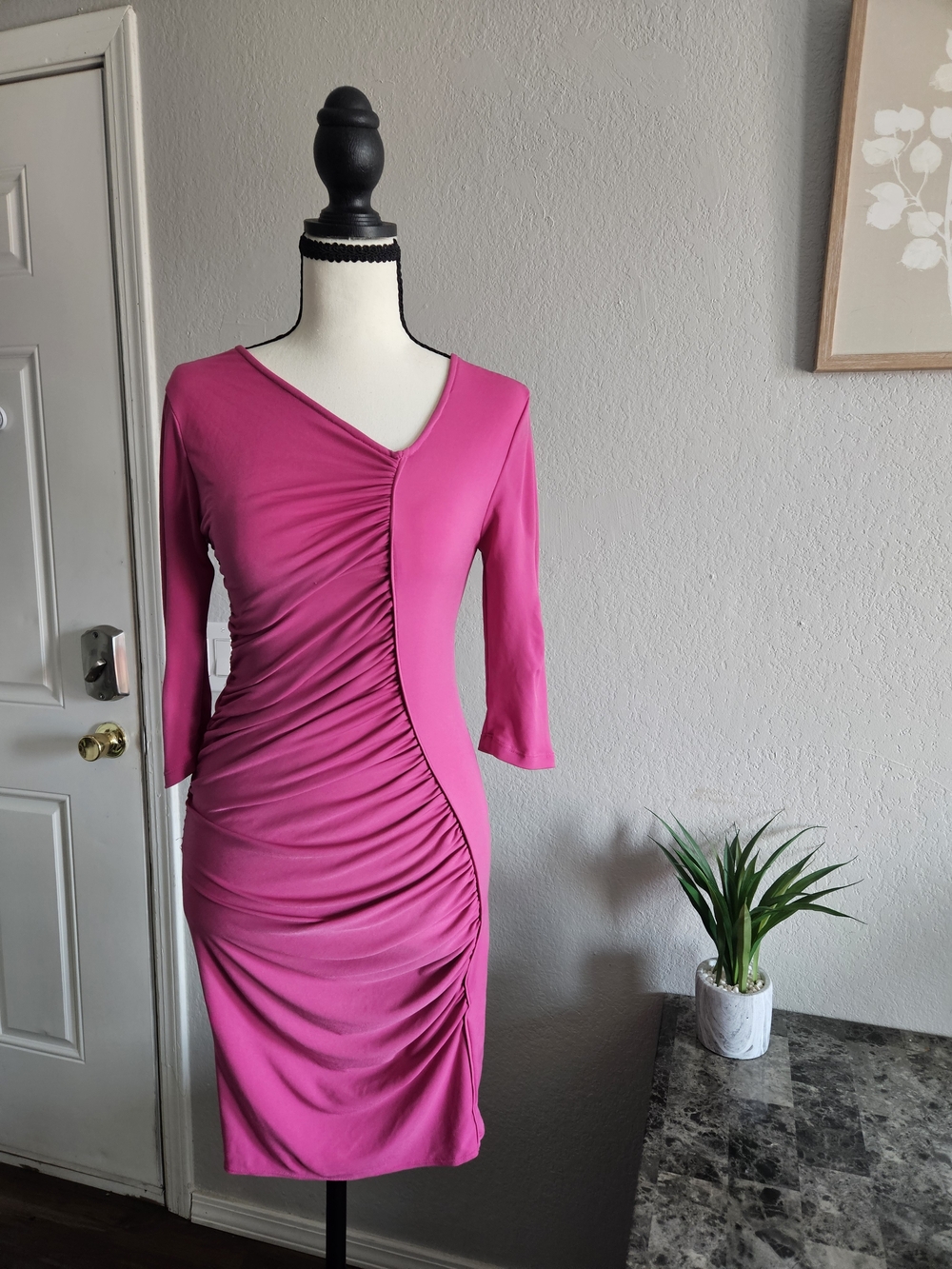 Ruched V-Neck Midi Dress in Bright Pink